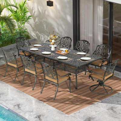 Meetwarm 9-Piece Outdoor Patio Dining Set, All Weather Cast Aluminum Patio Funiture Table And Chairs Set- 94.5" Rectangular Table And 2 Swivel Rocker Chairs, 6 Stationary, Umbrella Hole