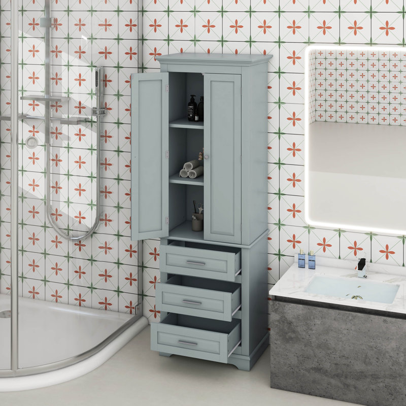 Armoire de rangement autoportante pour salle de bain avec 2 portes, tablette réglable et 3 tiroirs, Gris