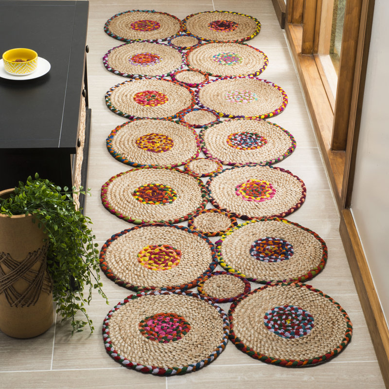 Doleman Hand Woven 70 Jute 30 Recycled Denim Fabric( Denim) Geometric Rug in Red/Natural, Runner 2'3" x 8'