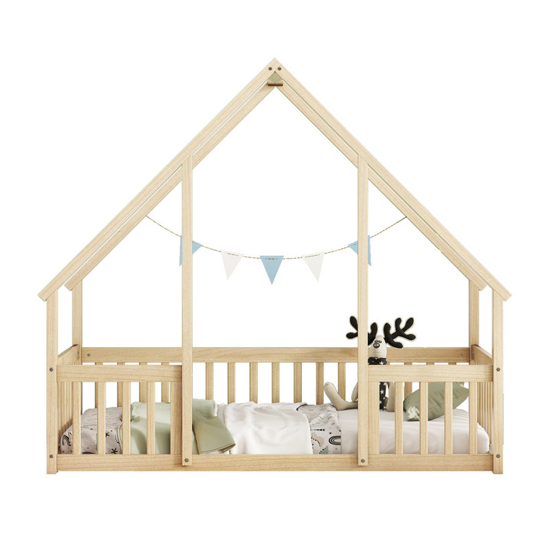  Lit en bois en forme de maison en bois avec clôture, garde-corps, Naturel, Pin