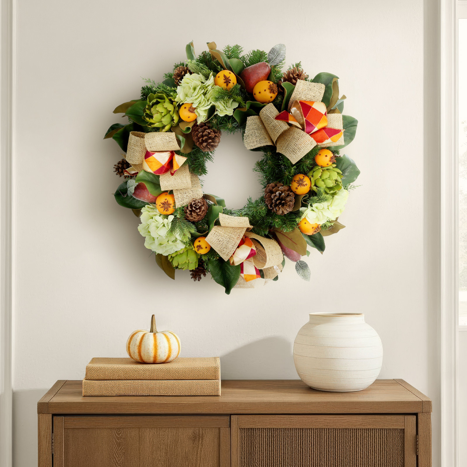 28'' Fall Wreath with Hydrangeas, Pinecones and Bows