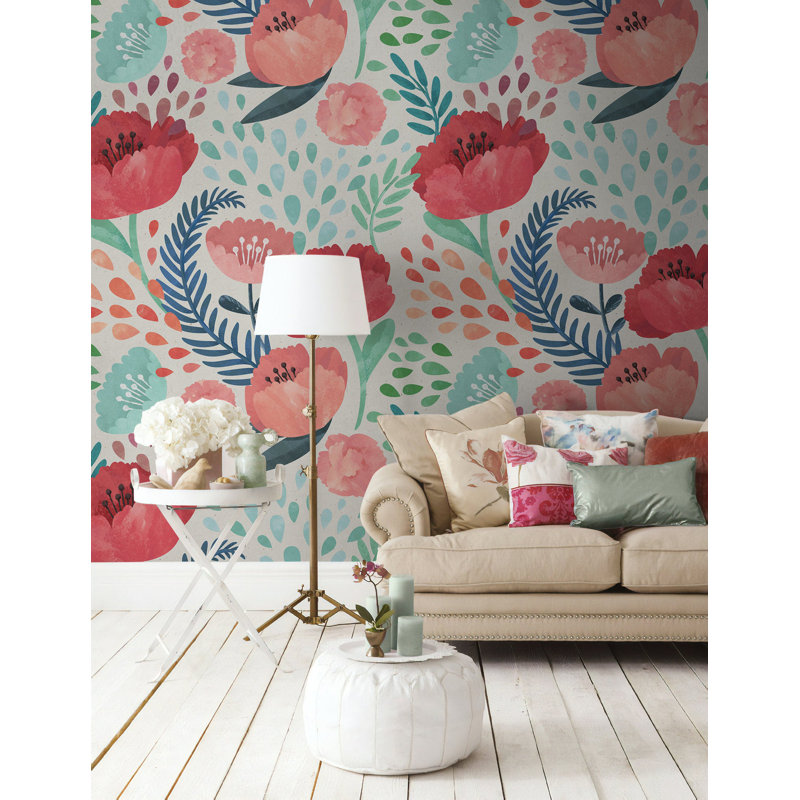 Papier peint amovible avec aquarelle coquelicot, L 48,96 po x l 75 po