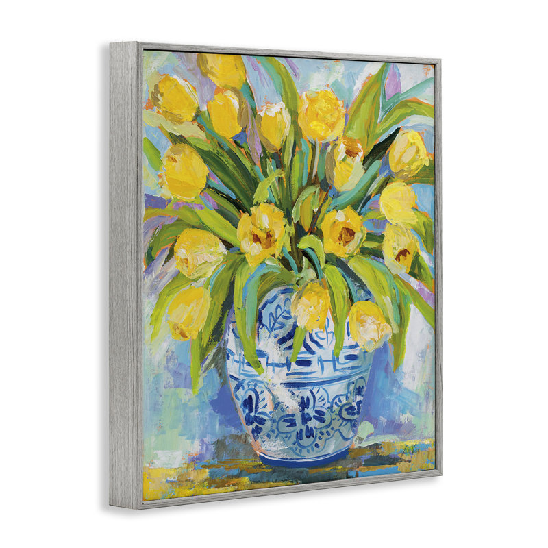 Expressif, tulipes jaunes dans un vase bleu orné, peinture par Jeanette Vertentes - Peinture, H 11 po x l 14 po