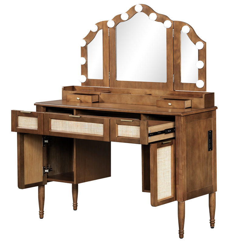 Makeup Vanity with Lighted Tri Fold Mirror and Charging Station with Stool and Solid Wood Legs, Brown