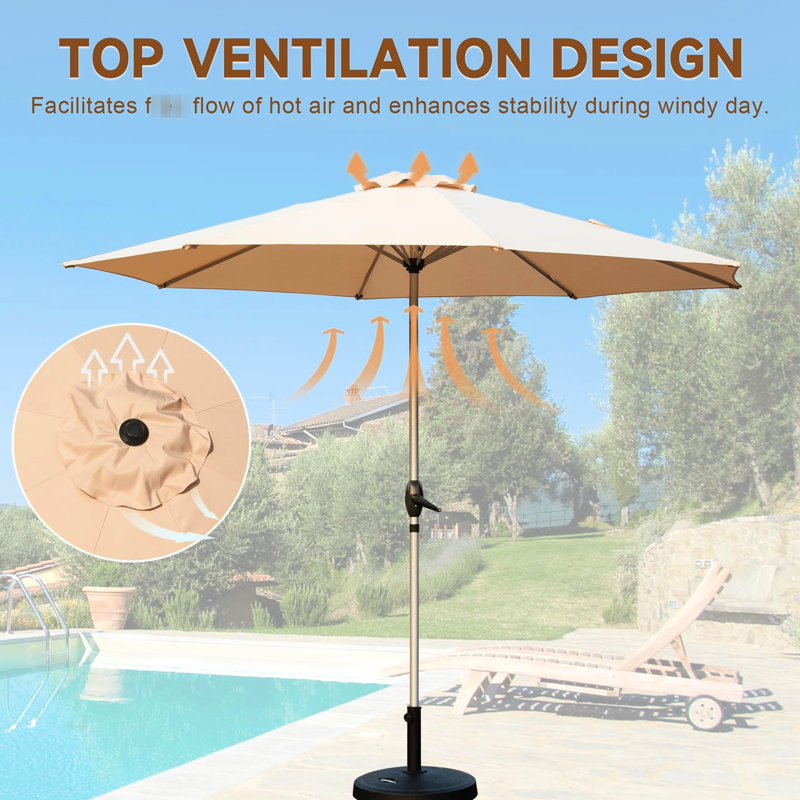 Parasol de patio 9 pi - protégé, eau, 8 nervures, pour jardin, terrasse, cour arrière, piscine beige imperméable, cadre solide avec manivelle,