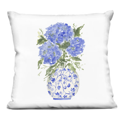Hydrangea Trio in Vase Decorative Printed Throw Pillow, design by Lucille Price