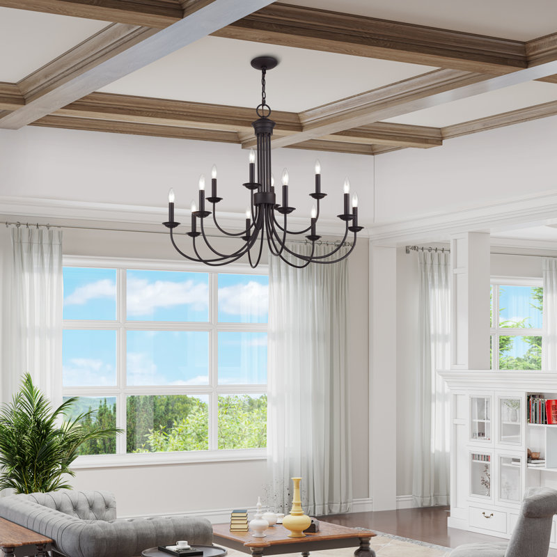 Grand lustre 2 niveaux 12 lumières bronze, 12, Bronze