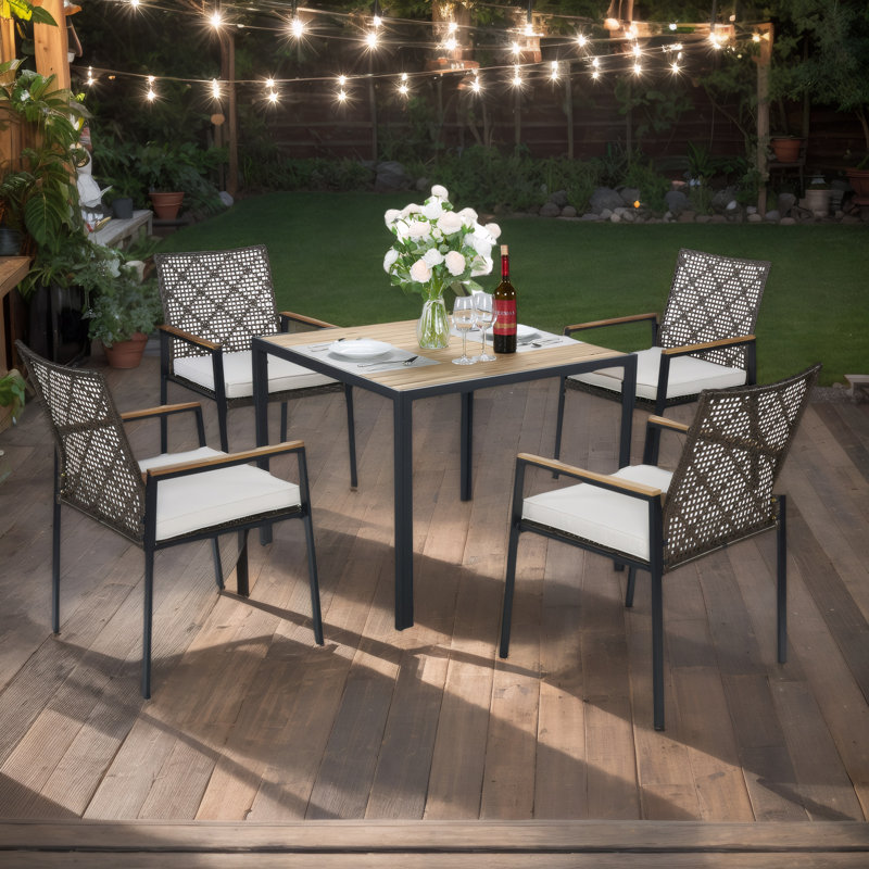 Acacia Wood Patio Dining Set - 5-Piece All-Weather Outdoor Table with Umbrella Hole & Rattan Chairs, Gray, Dark Brown