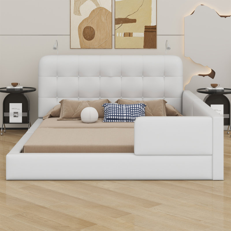 Upholstered Platform Bed With Reading Lights, White