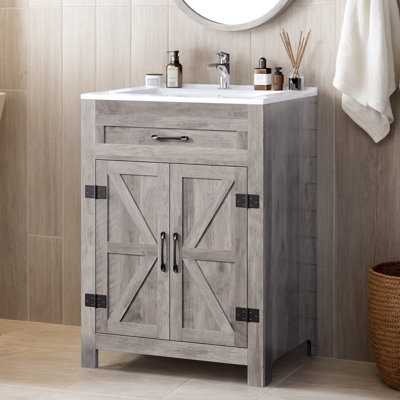 24'' Bathroom Vanity Barn Door Walnut U-Shelf Without Top Sink