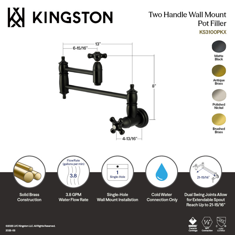 Kingston Brass Duchess Two-Handle 1-Hole Wall Mount Pot Filler Faucet, Polished Nickel