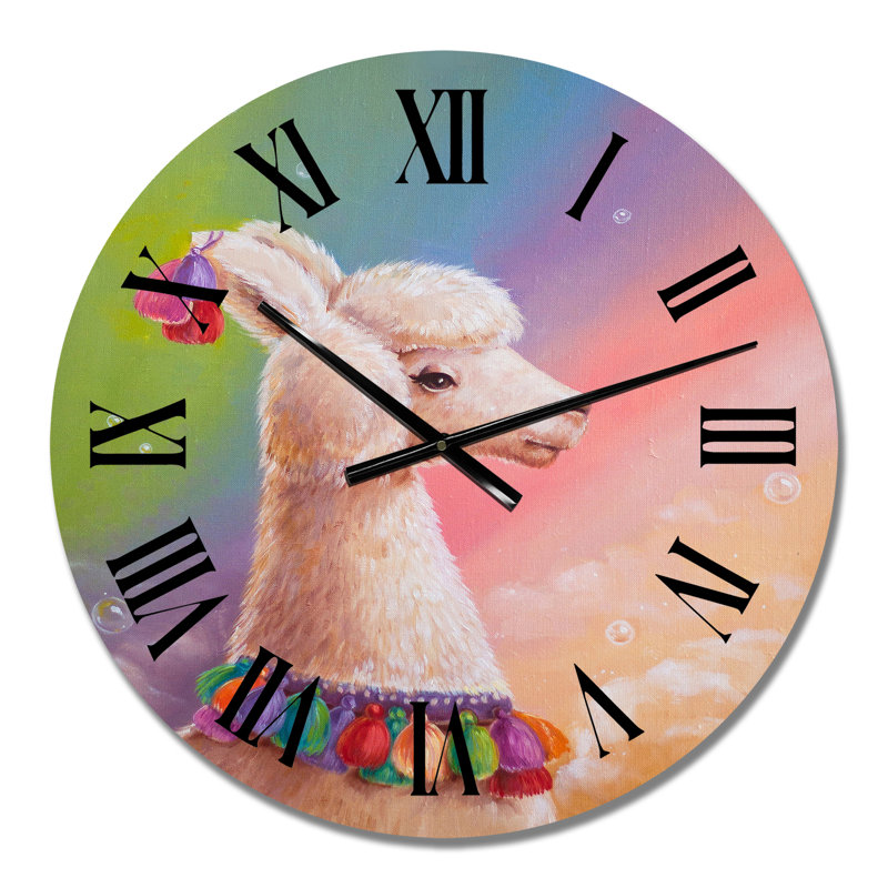 Portrait d'un lama sur un ciel arc-en-ciel - Horloge murale pour enfants, Petit