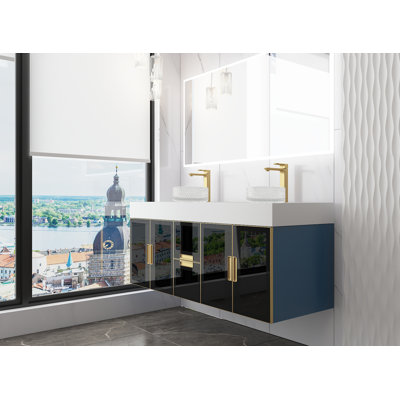 Modern Luxury Wall-mounted Vanity With 60" Solid Surface Top And Round With Rim Glass Vessel Sink