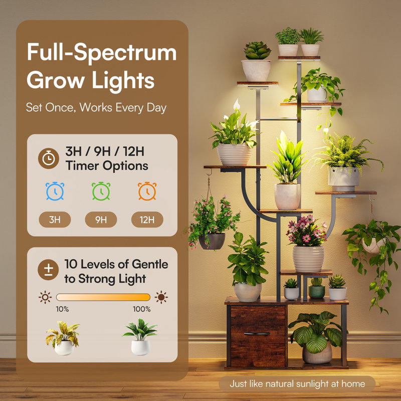  9-Tiere Indoor Plant Stand With Adjustable Grow Lights, Metal Frame Plant Shelf