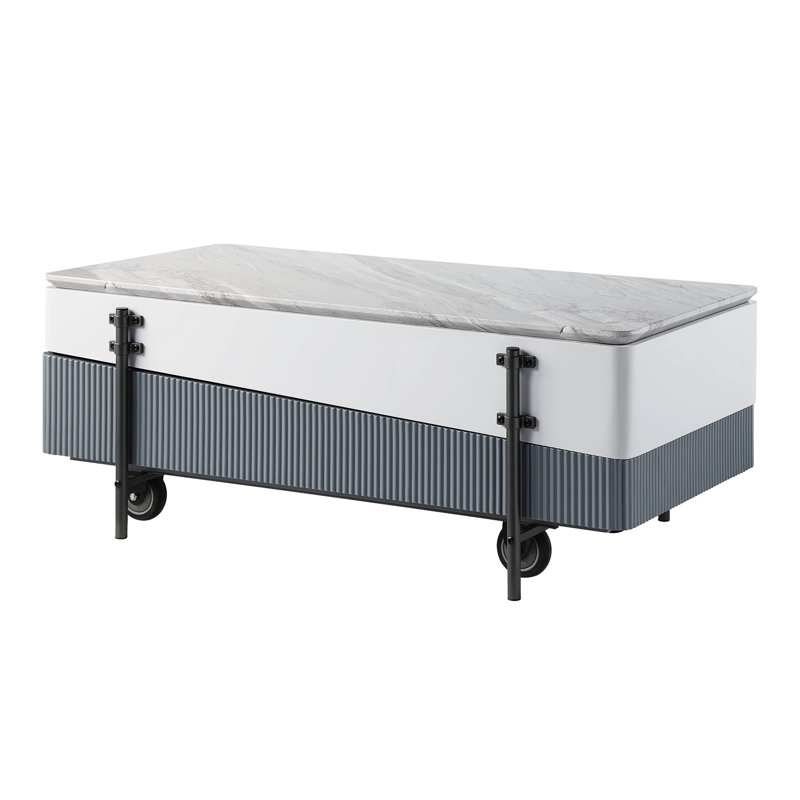 Table basse grise et blanche avec plateau relevable et bac pratique
