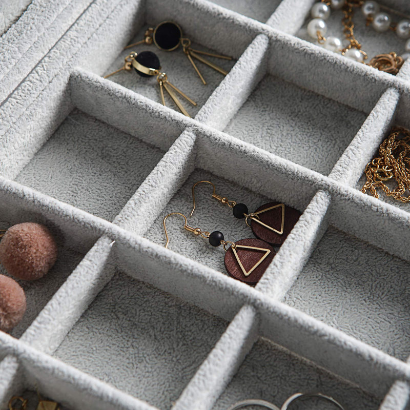 Plateau de rangement pour bijoux avec couvercle transparent 24 grilles avec tiroir en velours et boîte de rangement pour bijoux avec couvercle en verre
