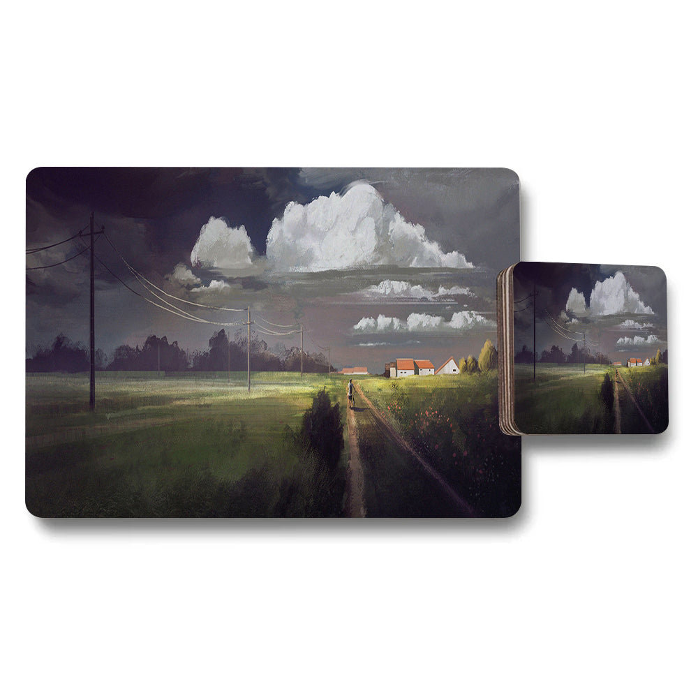 Rural Landscape Placemats And Coaster Set With Farmhouse Scene