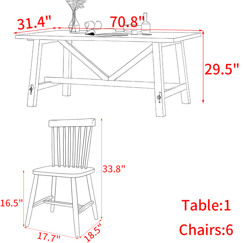 Ensemble de table de salle à manger en bois massif de style japonais, H 29,5 po x L 70,8 po x l 31,4 po