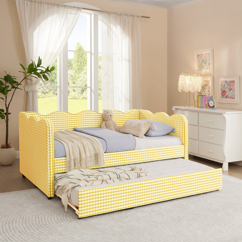 Twin Size Daybed with Trundle, Cozy Gingham Sofa Bed with USB Port and Wave Shaped Linen Fabric, Yellow