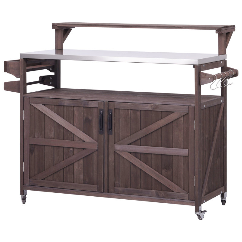 Hadley 53" Rustic Outdoor Kitchen Island With Raised Shelf And Stainless Steel Top, Brown