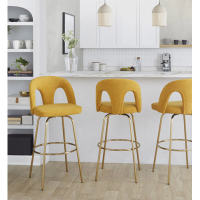 Fixed-Height Barstool With Swivel In Gold Metal And Yellow Fabric With Round Gold Metal Footrest - Set Of 2