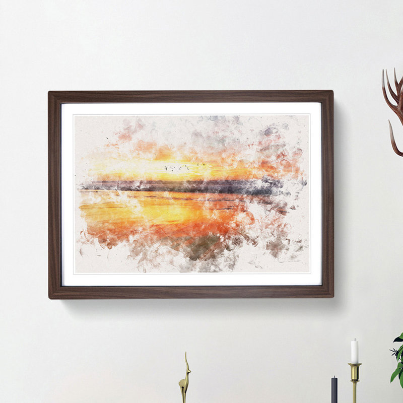 Sunset over San Diego Beach Watercolour - Picture Frame Graphic Art Print, 36cm H x 48cm W x 2cm D, Walnut Framed