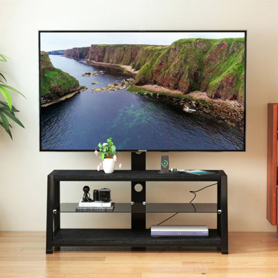 Wooden Storage TV Stand Black Tempered Glass Height Adjustable Universal Swivel Entertainment Center With Mount TV Stand