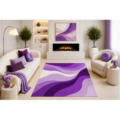 Tapis ultra-léger 152 x 213 cm à motif vague abstraite violette, design géométrique moderne dégradé pour salon, chambre et salle à manger, envers antidérapant en silicone, poils courts
