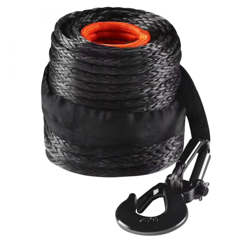 Corde de treuil synthétique, corde de câble de treuil synthétique de 3/8 pouce x 85 pieds 26,500 lbs avec manchon de protection + crochet de treuil forgé + sangle de traction, ajustement universel pour VUS, grand véhicule tout-terrain, camion