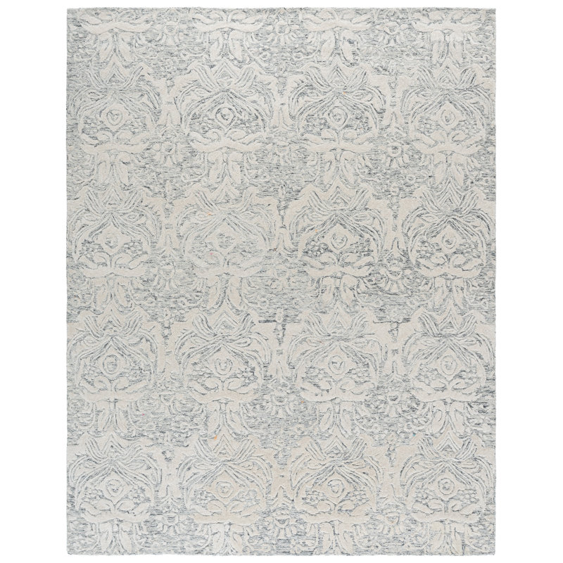 Ednah Damask Handmade Tufted Wool Area Rug in Ivory, Rectangle 8' x 10'