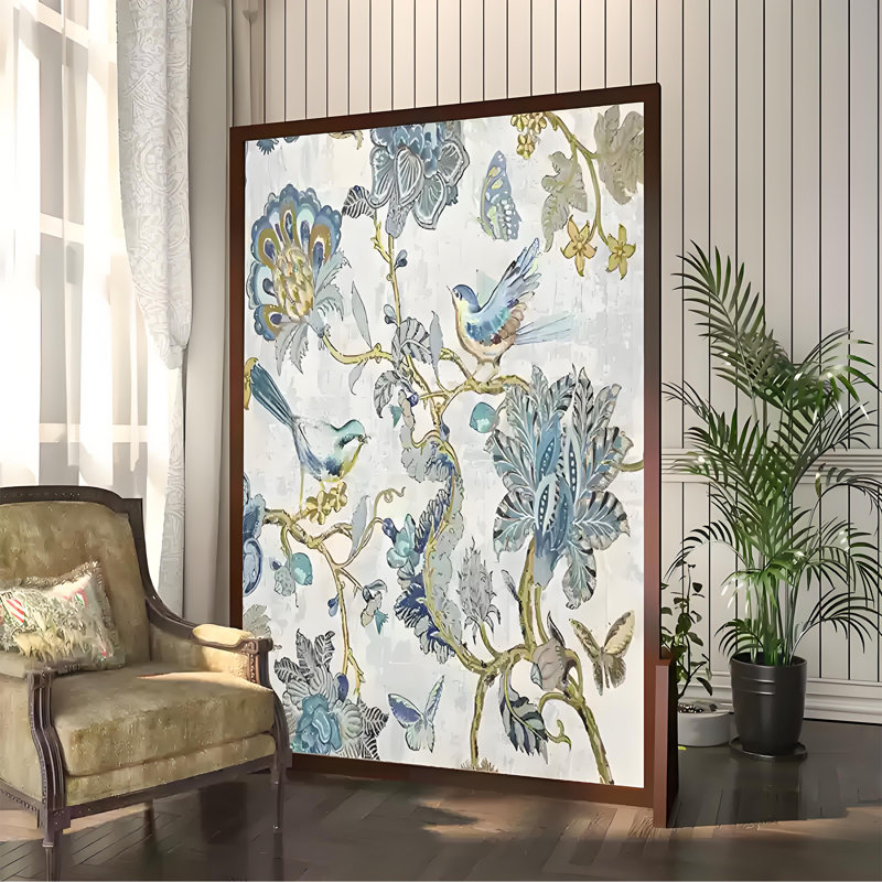Paravent pliant avec art floral et oiseaux