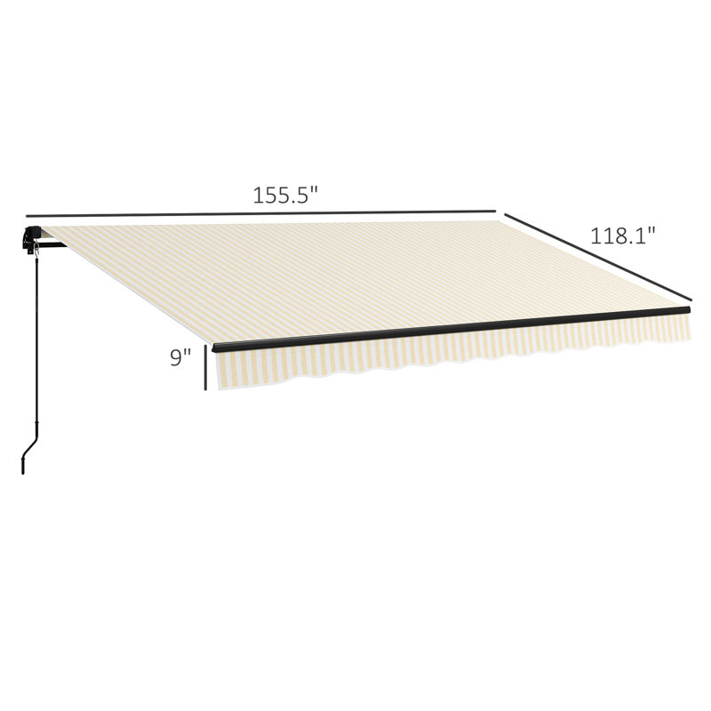 Yard Awning - , Manual Retractable, 13' X 10', Beige And White 10' Retractable Deck Crank, Protected, Fabric