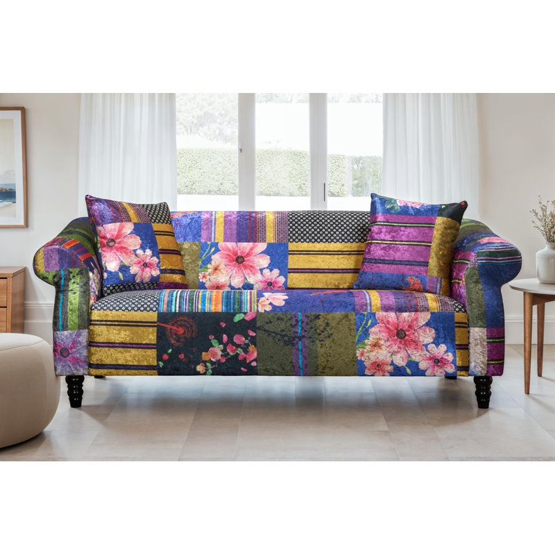 Forsyth Crushed Velvet Patchwork Sofa, Multicoloured, 3