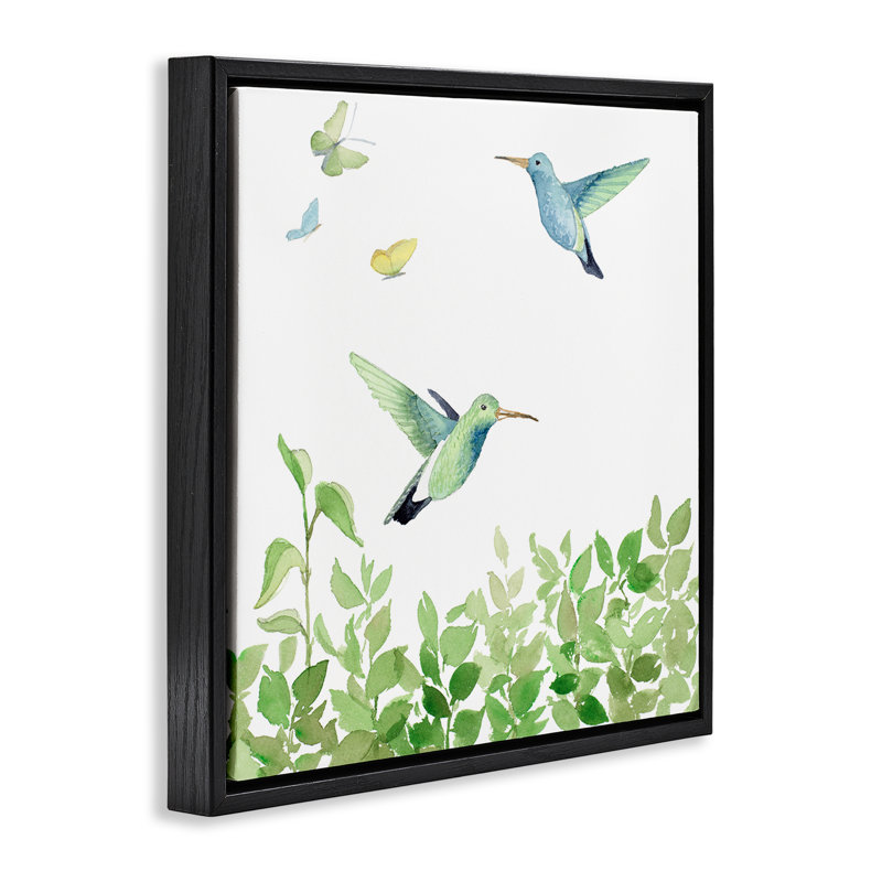"Spring Hummingbirds Scene", art mural encadré par Lanie Loreth, Cadre flottant noir de jais, H 18 po x l 18 po