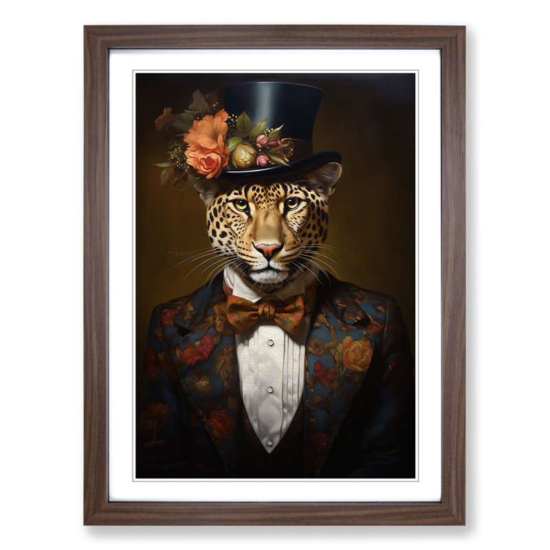 Leopard Victorian - Single Picture Frame Print on Wood, Walnut, 46cm H x 34cm W x 2cm D