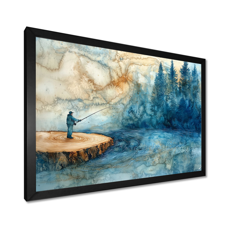 Gerrie Wood Slide Fishing Into The Winter River - Hunting & Fishing Canvas Wall Art, Single Picture Framed Print, Black
