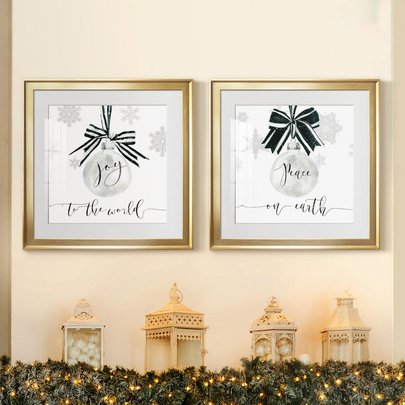 Joy Joy Ornament - ensemble de 2 reproductions d'art textuel, H 17,5 po x l 35 po x P 1,5 po, Papier encadré doré, Blanc