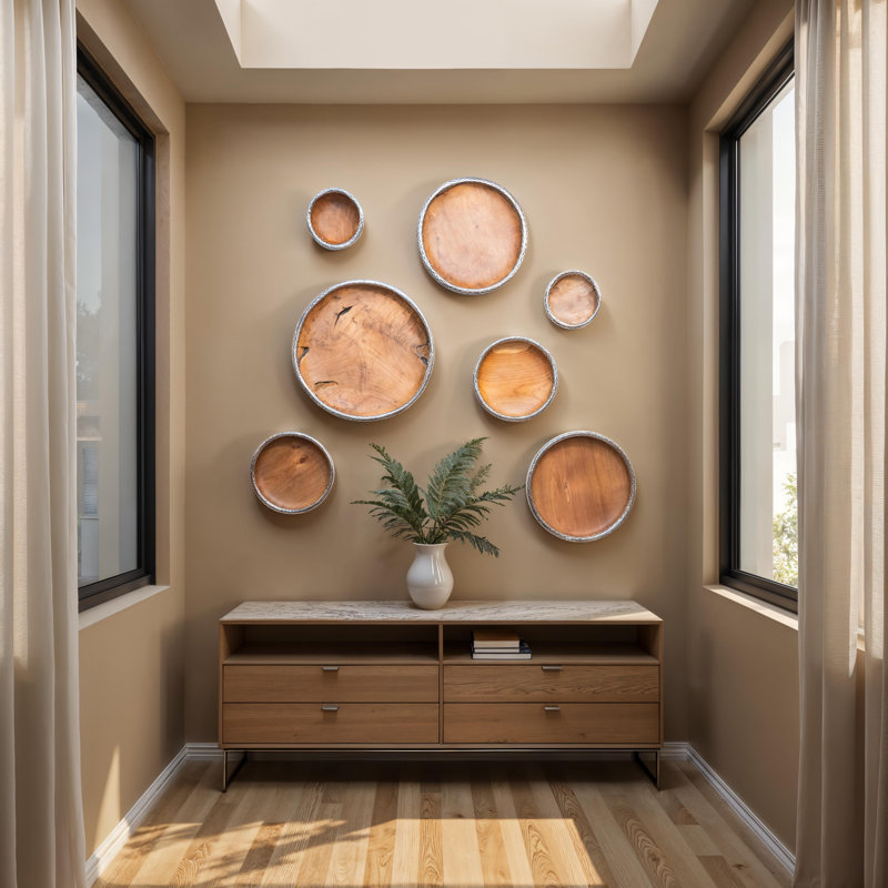 Art mural bol en bois de teck, bordure métallurgie, H 20 po x l 20 po x P 2 po