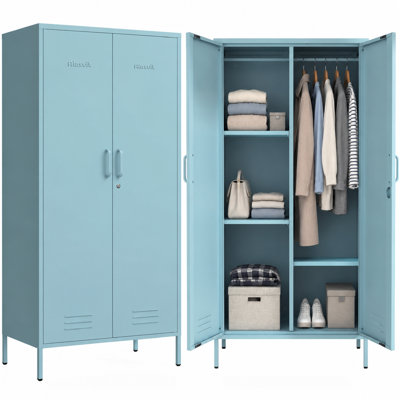 Armoire-penderie en métal, armoire-penderie verrouillable de 67 po de hauteur avec 2 portes, tringle et tablettes réglables, armoire de rangement en acier pour chambre à coucher, maison, vestiaire, salle de sport, bureau