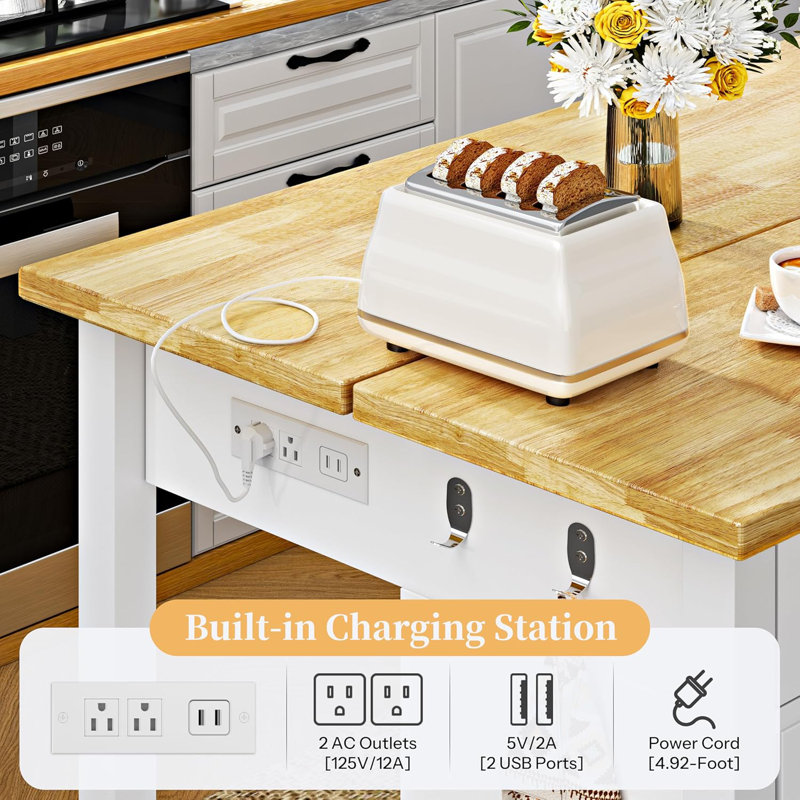 47" Sturdy Kitchen Island with Trash Can Storage, 2 Bar Stools, Power Outlet, and 2 Large Drawers, White
