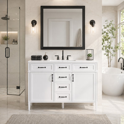 Meuble-lavabo simple moderne de 48 pouces avec comptoir en SMC blanc et 3 trous prépercés pour robinetterie