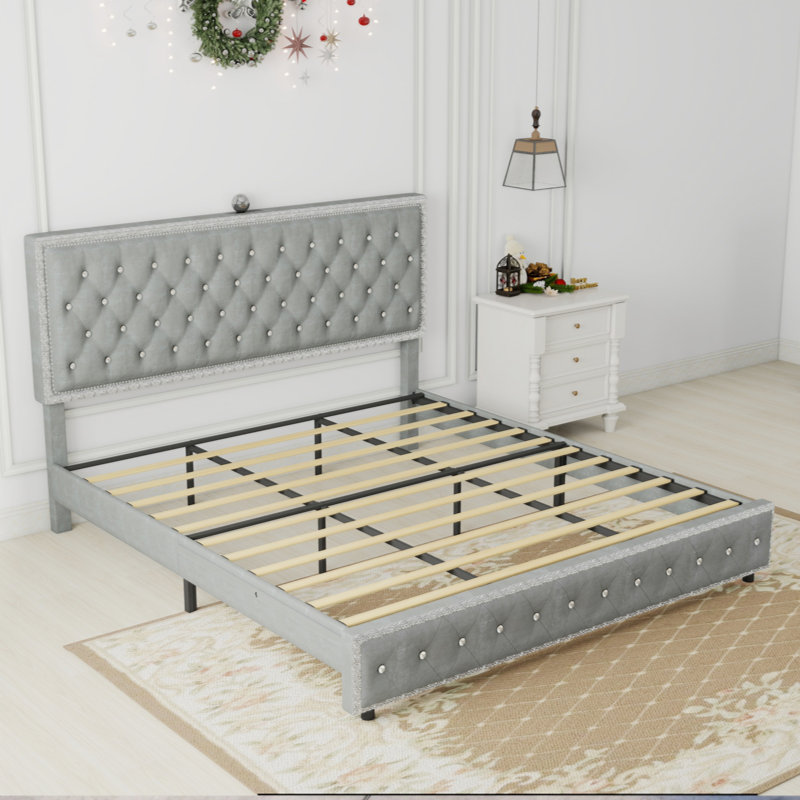 Lit rembourré avec bouton en losange, cadre de lit moderne avec projecteur Galaxy, pas de sommier tapissier et lattes de bois robustes sans bruit, polyuréthane