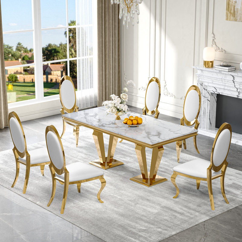 7-Piece Dining Table Set, Marble Veneer Mdf Dining Table, With 6 Faux Leather Dining Chairs, White/Gold/White