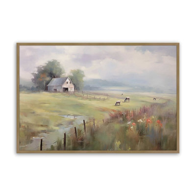 16 po x 20 po, impression de pâturages de ferme dans un cadre en zinc patiné