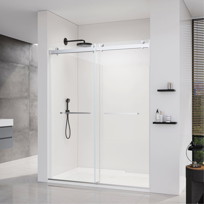 Sliding Frameless Soft-Close Shower Door For Bathroom, Brushed Nickel