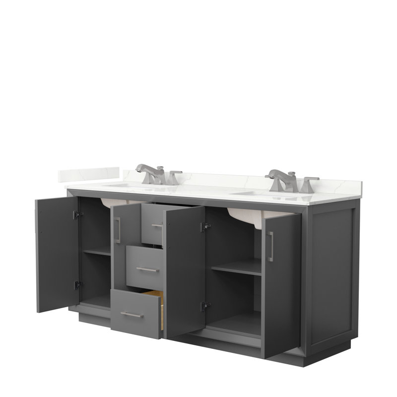 Meuble-lavabo double avec plateau Strada 72, Gris foncé, Quartz Giotto, Noir mat