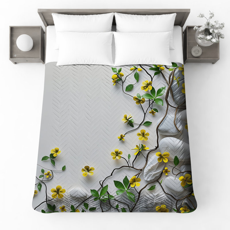 Couvre-lit matelassé fleurs jaunes sur roches , Grand lit