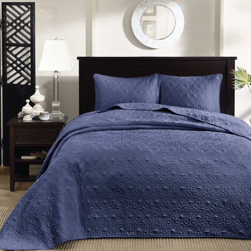 Reversible Navy Queen Bed - Comfortable & Cotton Stitch Two Matching Shams Cover 90% Filling Rich Texture Machine Washable Home Decor