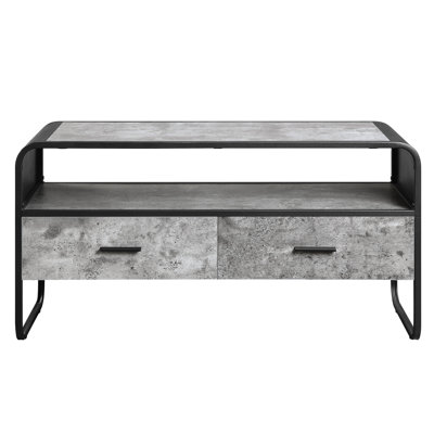 Élégant meuble télé gris béton avec tiroir coulissant en métal et 1 compartiment ouvert pour les petits téléviseurs de rangement contemporain et noir 1/2 extension