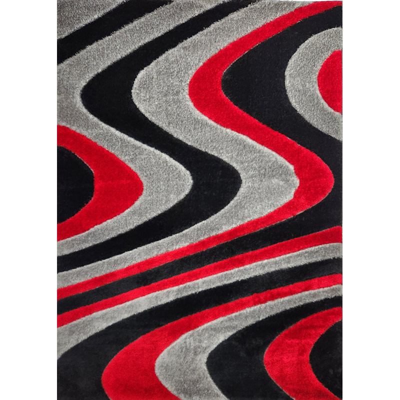 Tapis à poils longs rouge et noir, Rectangle 5 pi 2 po x 7 pi 2 po